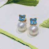 white gold Gold Blue Topaz Pearl Studs for Elke only