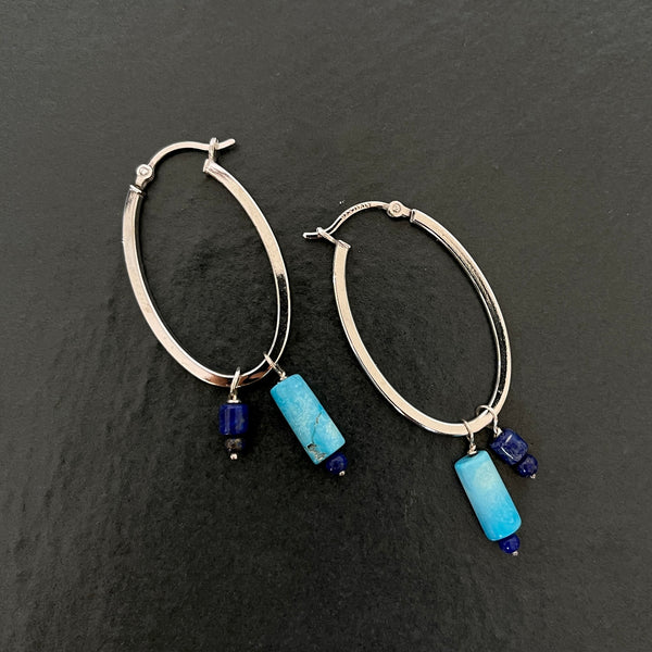 Sterling Silver Turquoise Lapis Large Oval hoops