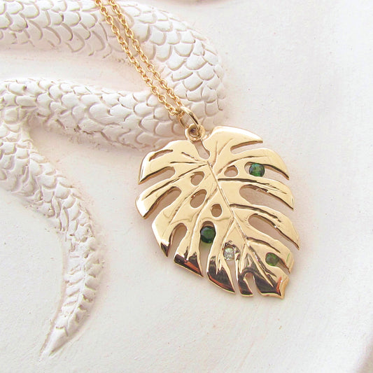 OOAK Yellow Gold Tourmaline Monstera Leaf Pendant