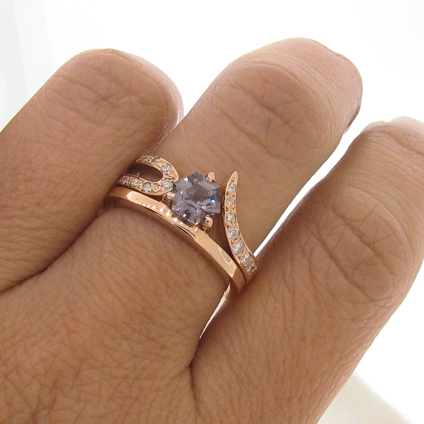 Rose Gold Grey Spinel Diamond Engagement Ring Set