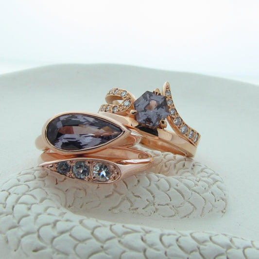 Rose Gold Grey Spinel Diamond Engagement Ring Set