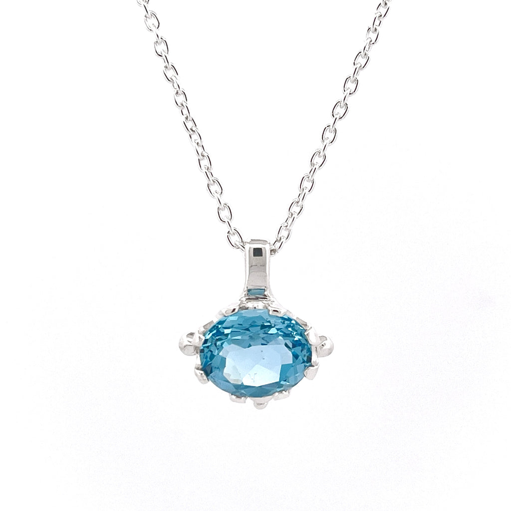 Sterling Silver Blue Topaz Oval claw set Pendant Necklace