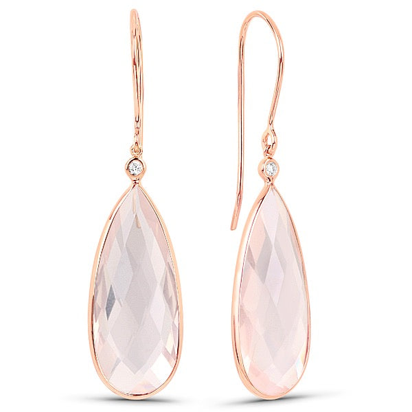 Rose Gold Diamond Rose Quartz Tear Briolette Drop Earrings