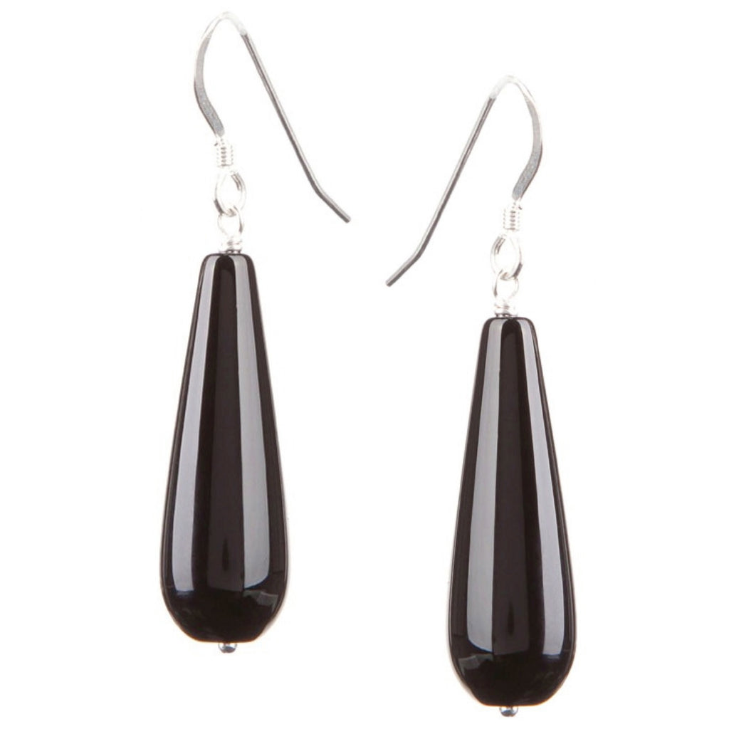 Silver Smooth Onyx long drop earrings