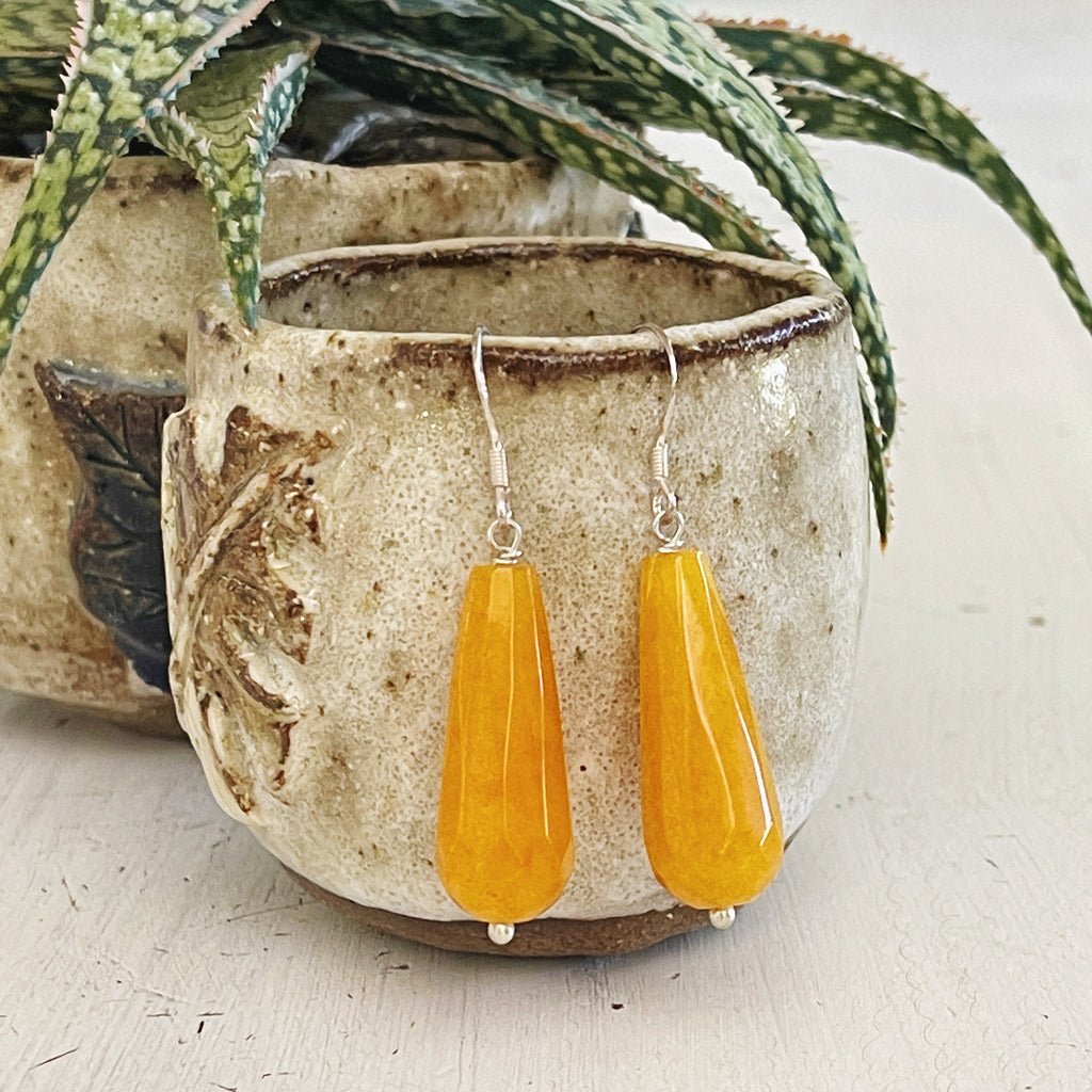 Sterling Silver Dyed Mustard Yellow Agate Faceted Drop Earrings