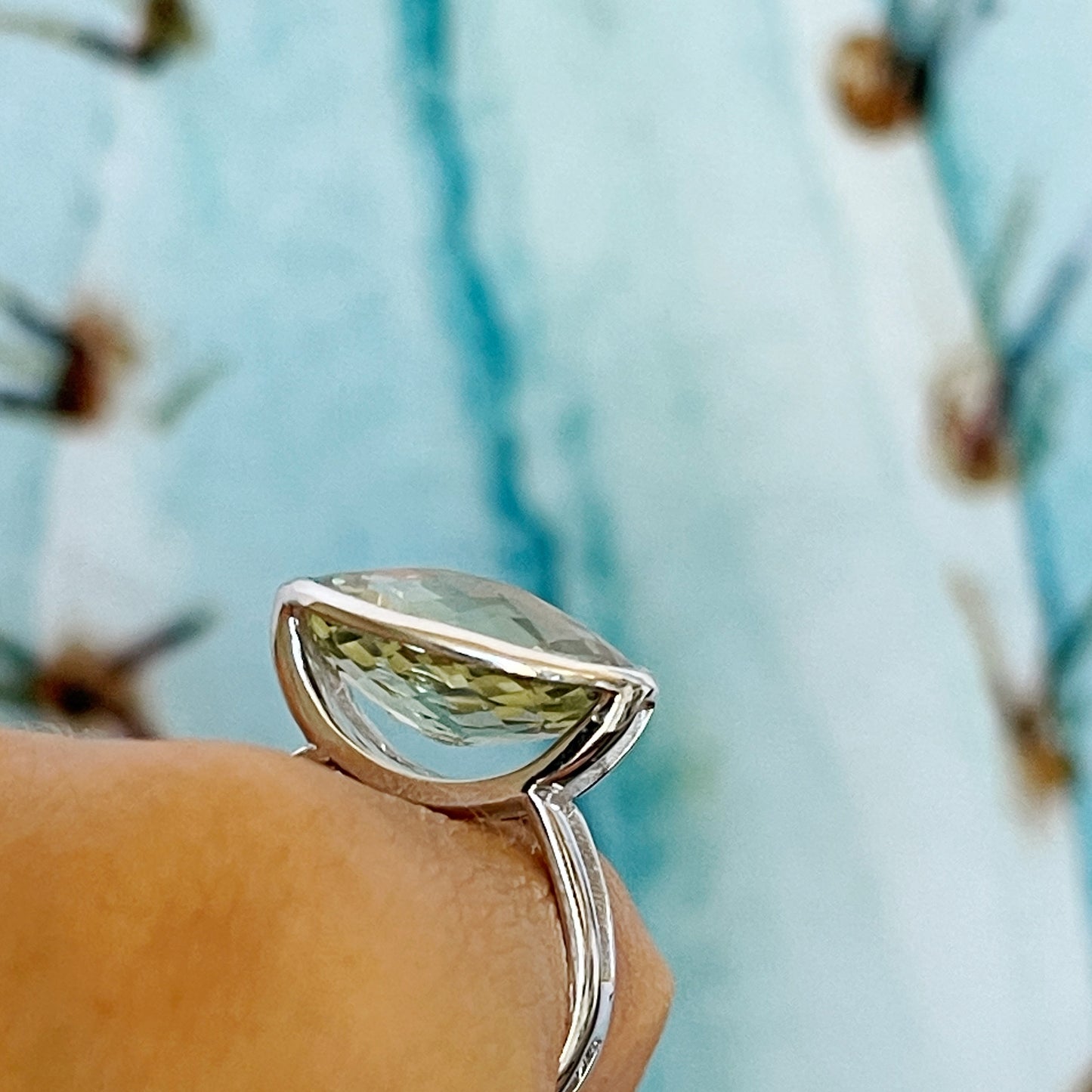 OOAK White Gold Green Quartz Horizon Ring