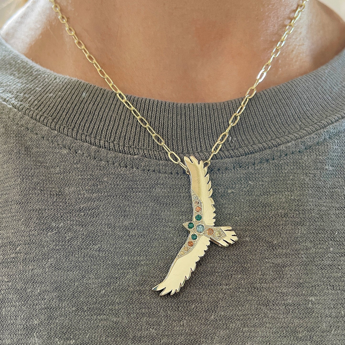 Yellow Gold open-winged eagle tourmaline and sapphire pendant