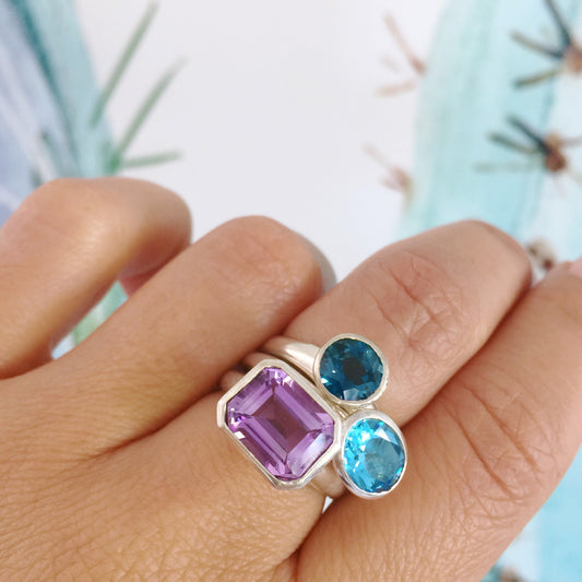 White Gold Blue Topaz Emerald Cut Simplicity Ring