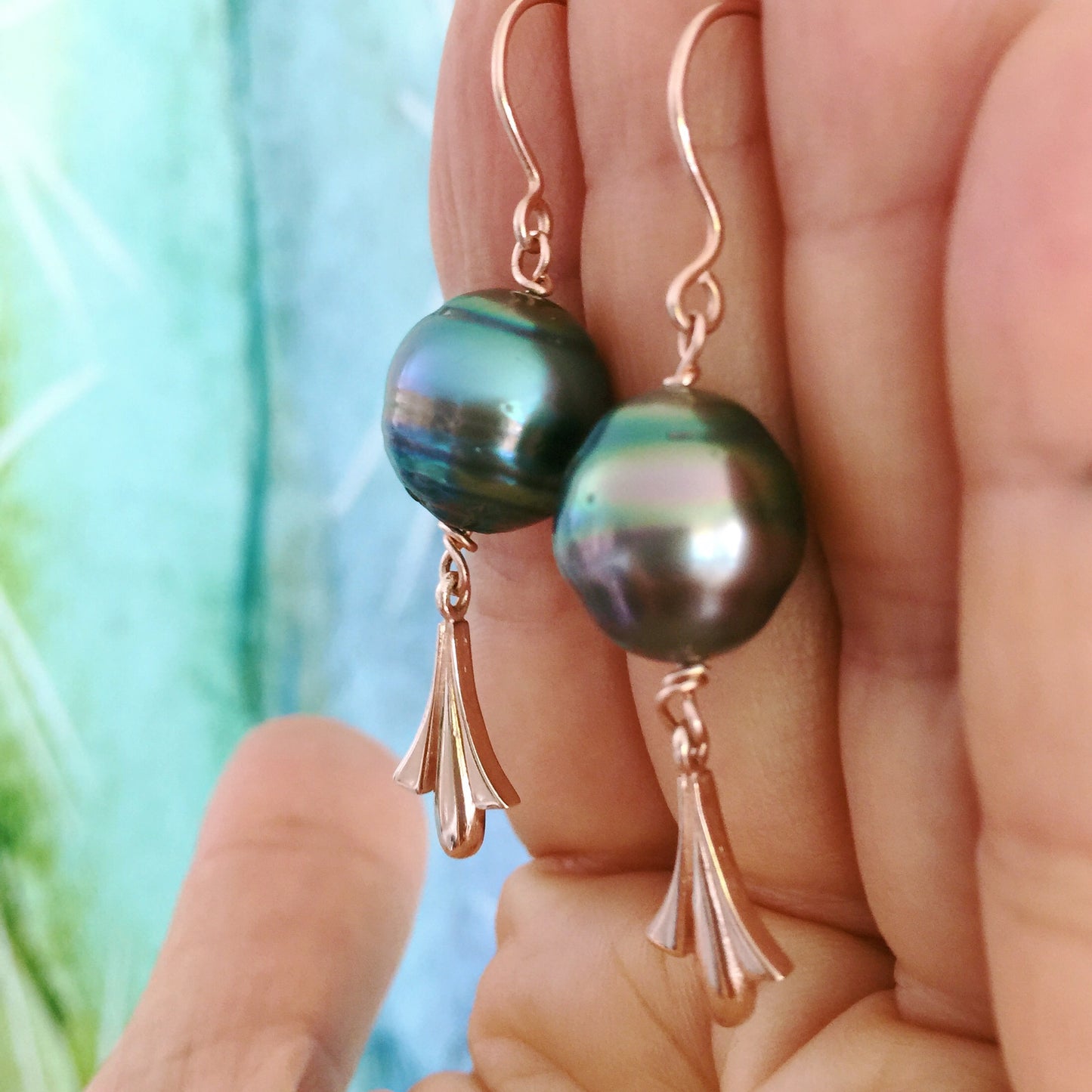 Rose Gold Tahitian Pearl Fleur De Lis Earrings