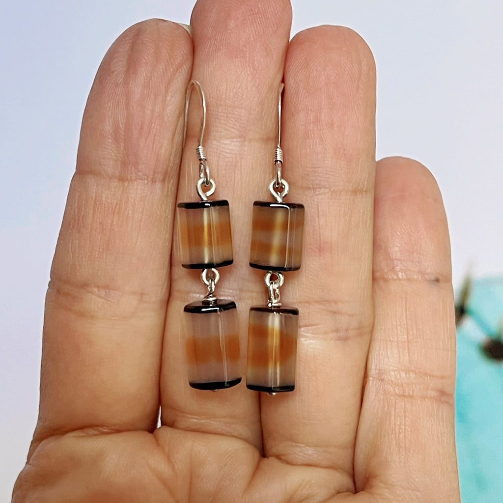Silver Banded Agate double drop Earrings