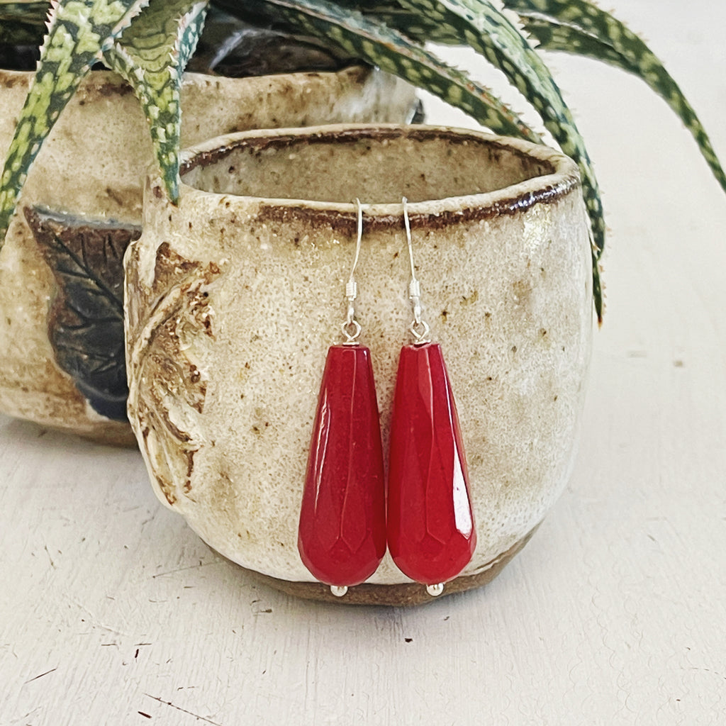 Sterling Silver Dyed Red Agate Faceted Drop Earrings