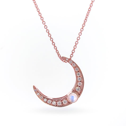 Rose Gold Diamond Moonstone large crescent Moon Pendant