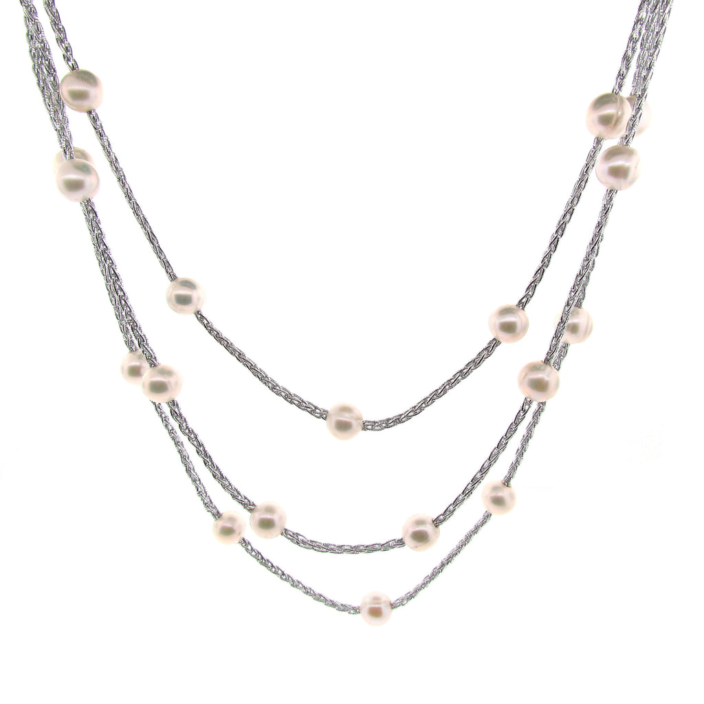 Light Grey Woven Silk Freshwater Long Pearl Necklace