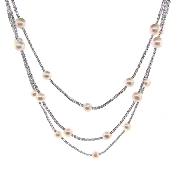 Light Grey Woven Silk Freshwater Long Pearl Necklace