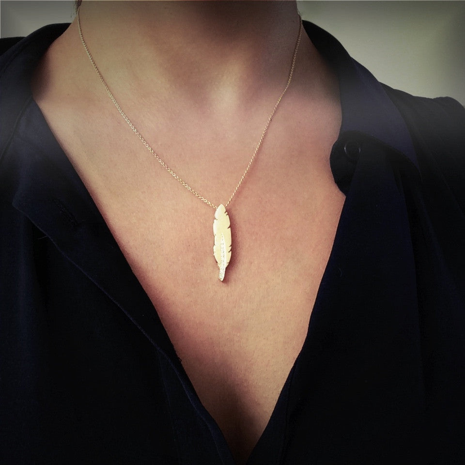 Rose Gold white Diamond Feather Pendant