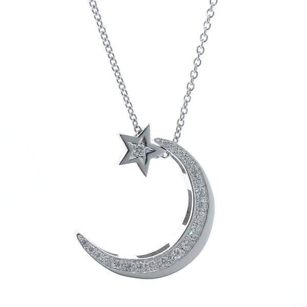 Large White Gold Diamond Moon & Star Necklace