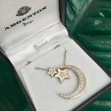 Large White Gold Diamond Moon & 2 Stars Necklace