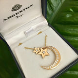 Large White and Yellow Gold Diamond Moon & 2 Stars Necklace
