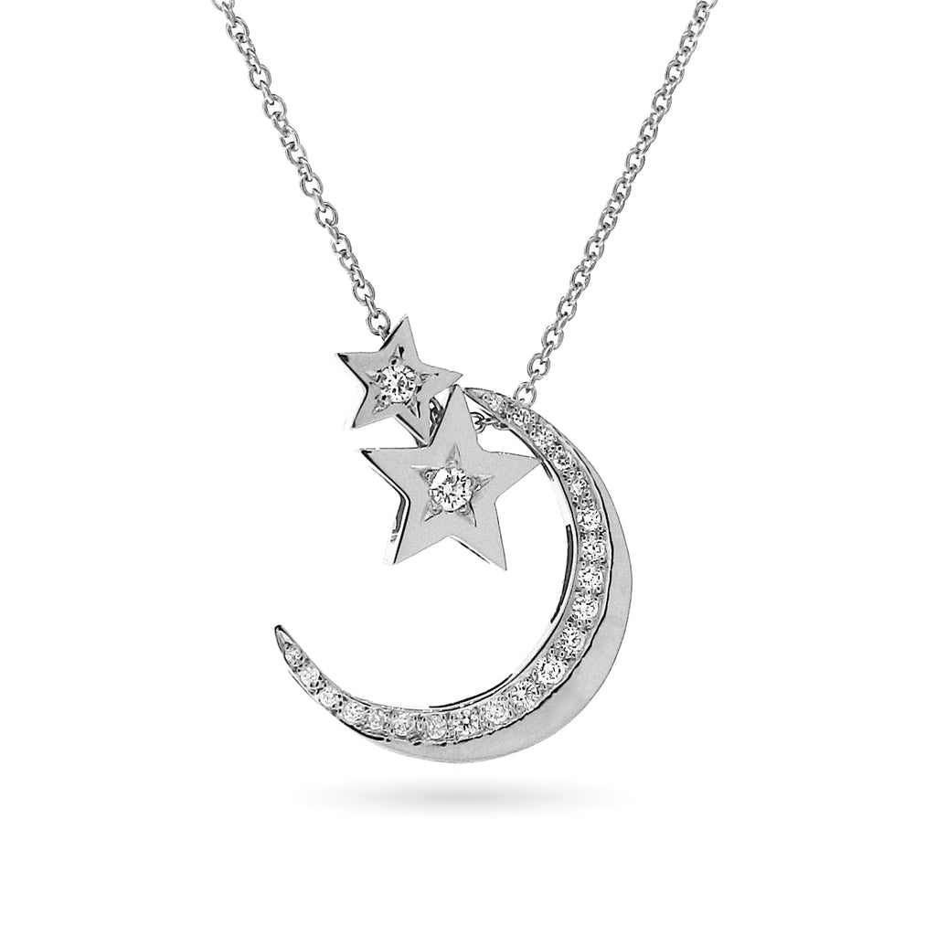 Large White Gold Diamond Moon & 2 Stars Necklace