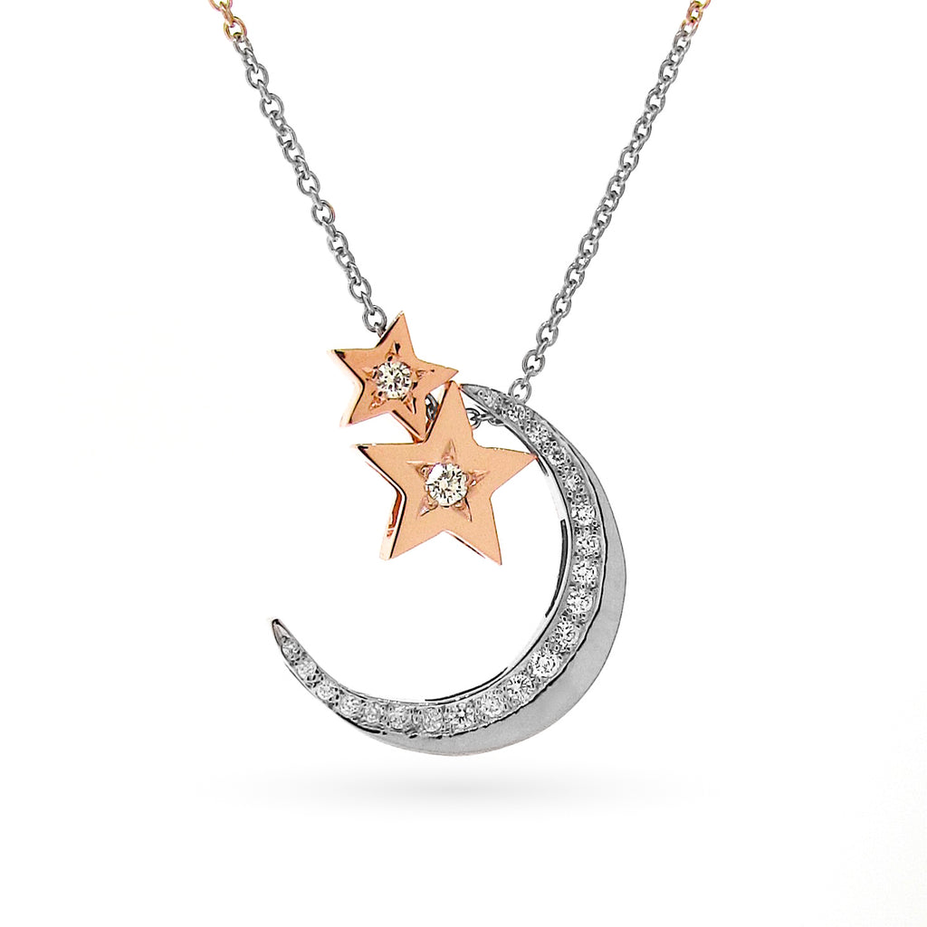 Large White and Rose Gold Diamond Moon & 2 Stars Necklace