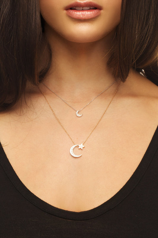 White and Rose Gold Diamond Medium crescent Moon & Baby Star Necklace