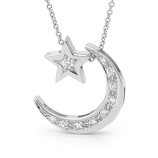 White Gold Diamond Moon & Star Necklace