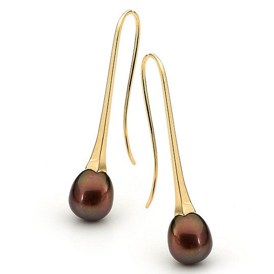 Yellow Gold Black Freshwater Pearl Long Drop Earrings