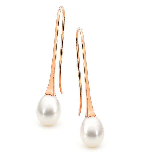 Rose Gold  White Freshwater Pearl Long Drop Earrings