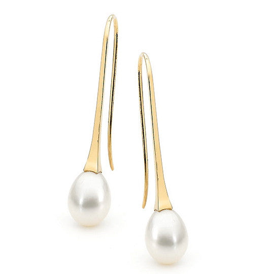 Yellow Gold  White Freshwater Pearl 'LongDrop' Earrings