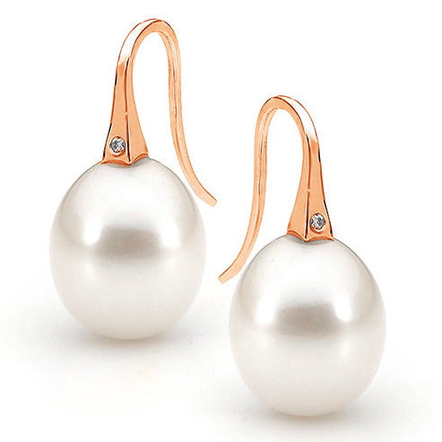 Rose gold and Diamond White Large Pearl Drop Earrings Argenton Design bespoke fine jewellery