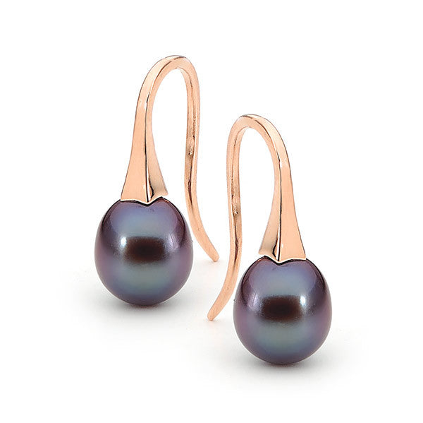 Rose Gold Small Black Pearl Short Drop Earrings - Main Image