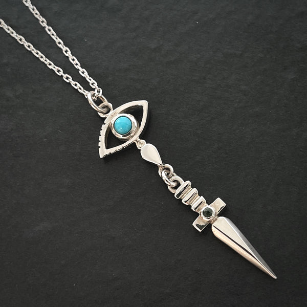 Sterling silver Turquoise & Tourmaline dagger & evil eye Necklace