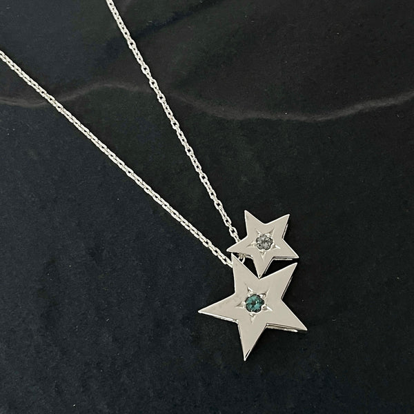 Sterling silver London Blue Topaz Grey Spinel Double Star Necklace