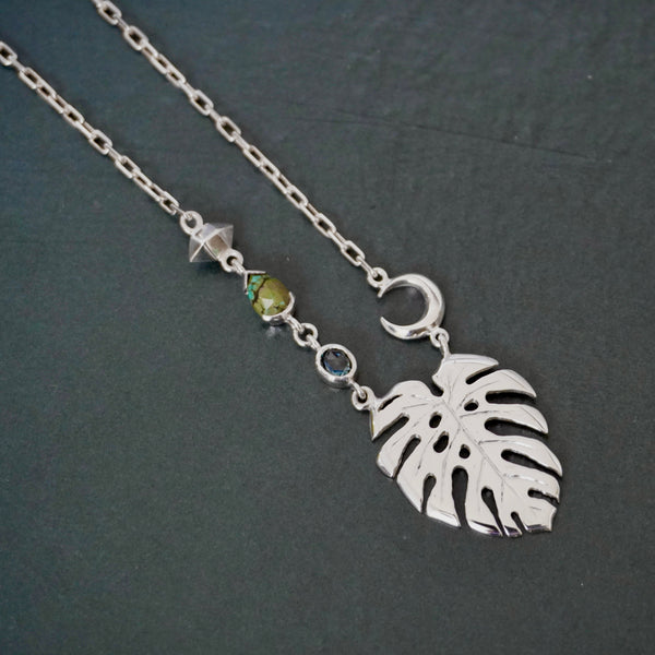 OOAK Sterling silver Rose cut Sapphire Turquoise Monstera Leaf and Moon Necklace