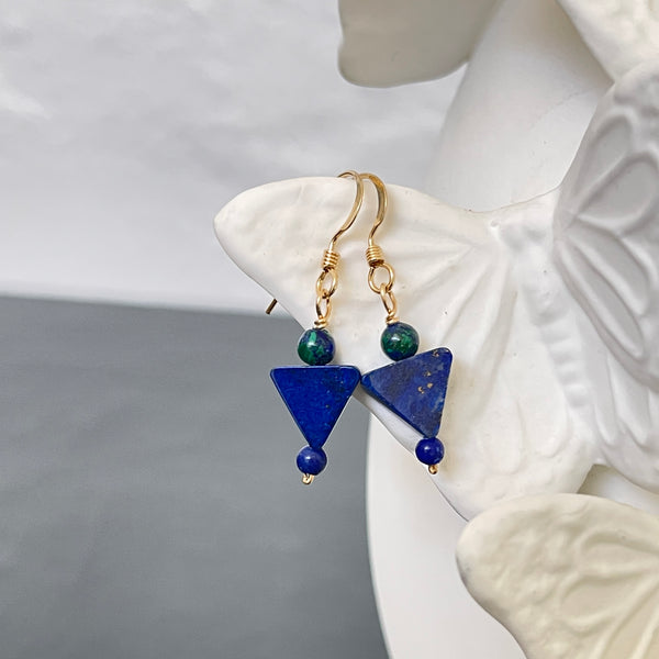 Gold Filled Lapis Azurite Triangle Drop Earrings