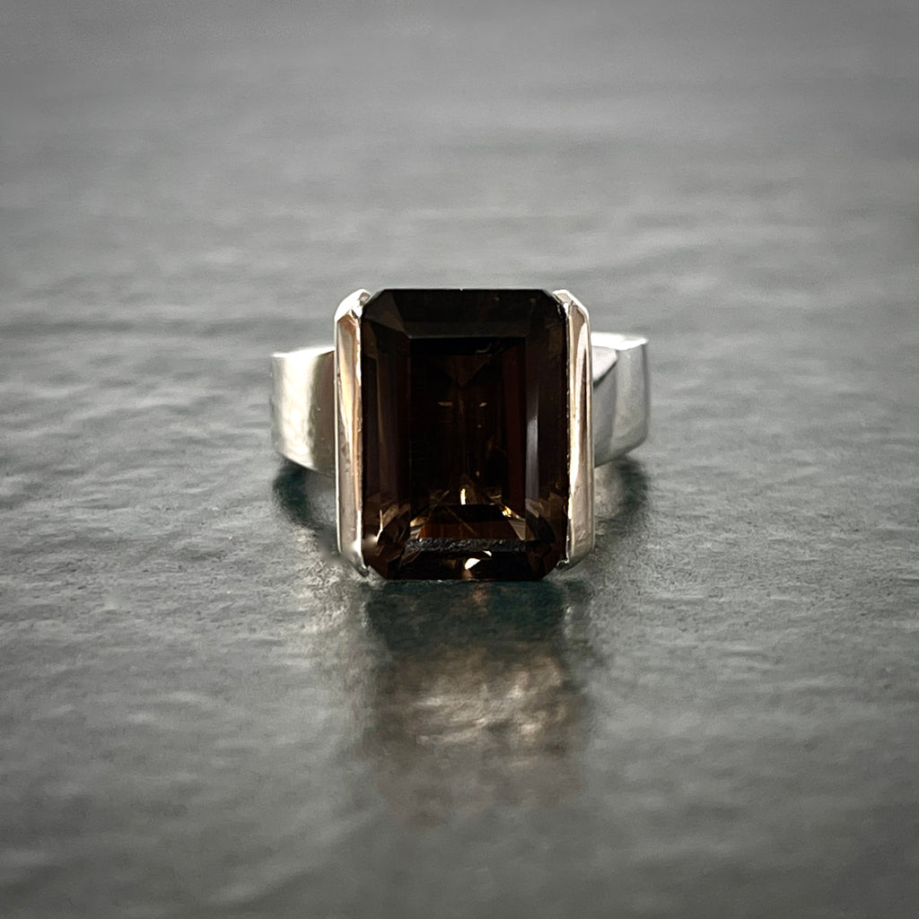 Sterling silver Smokey Quartz Emerald Cut Cocktail Ring