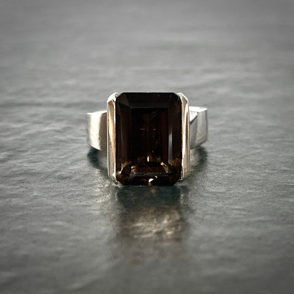 Sterling silver Smokey Quartz Emerald Cut Cocktail Ring