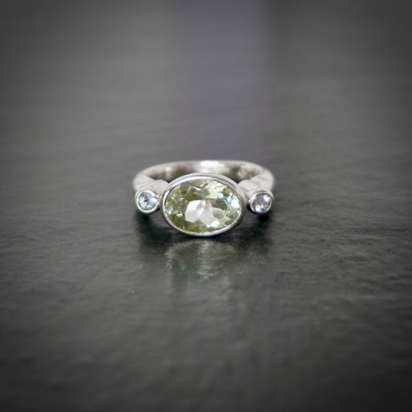 Sterling silver Mint Quartz and Aquamarine Oval 3-stone Trinity Ring