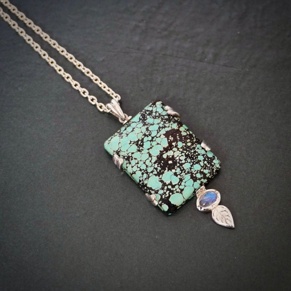 OOAK Sterling Silver Turquoise and moonstone Leaf Necklace