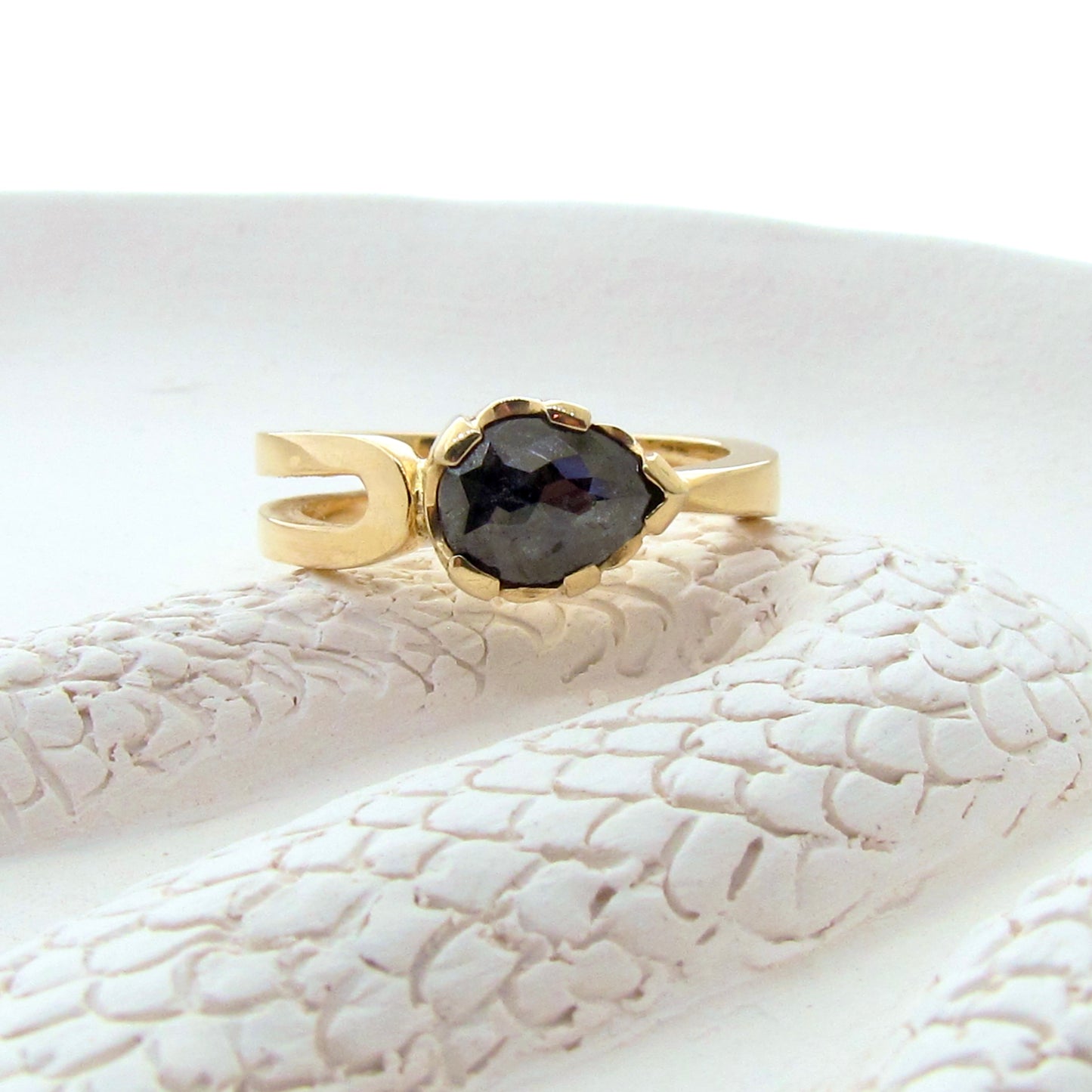 Yellow Gold Pear  Rose cut Black Diamond Open Halo Ring