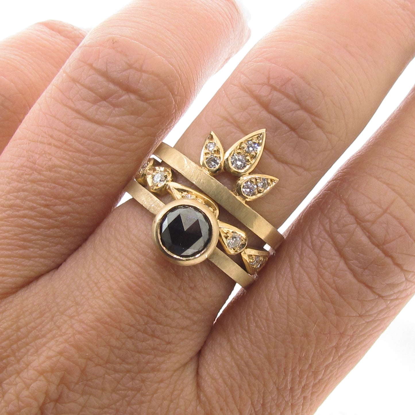 Yellow Gold Rose cut Black Diamond Halo Ring
