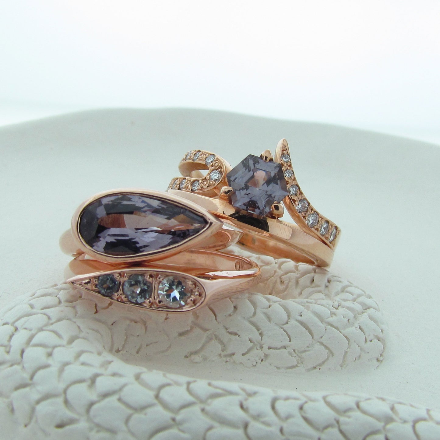 9ct Rose Gold Blue Grey elongated pear signet ring