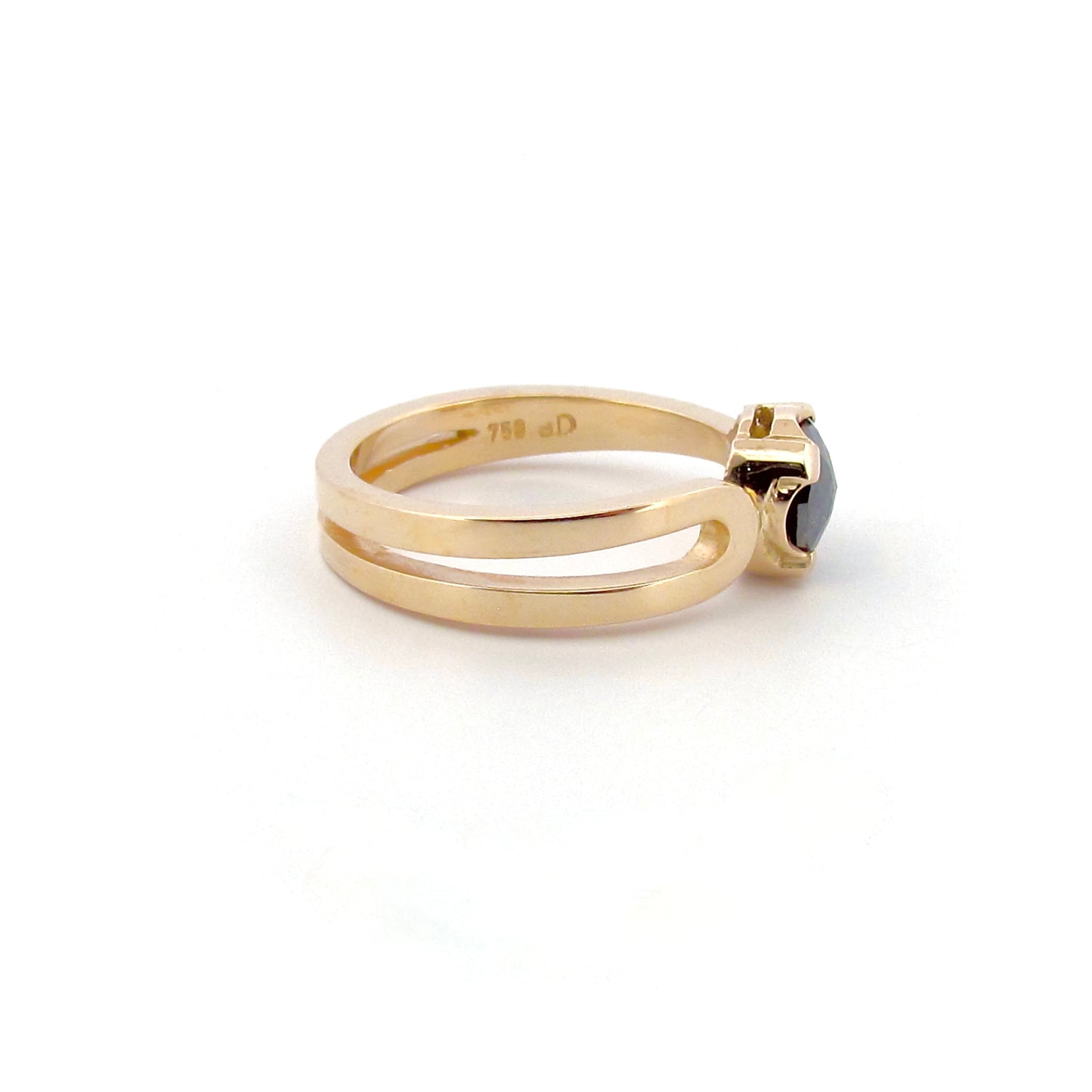 Yellow Gold Pear  Rose cut Black Diamond Open Halo Ring