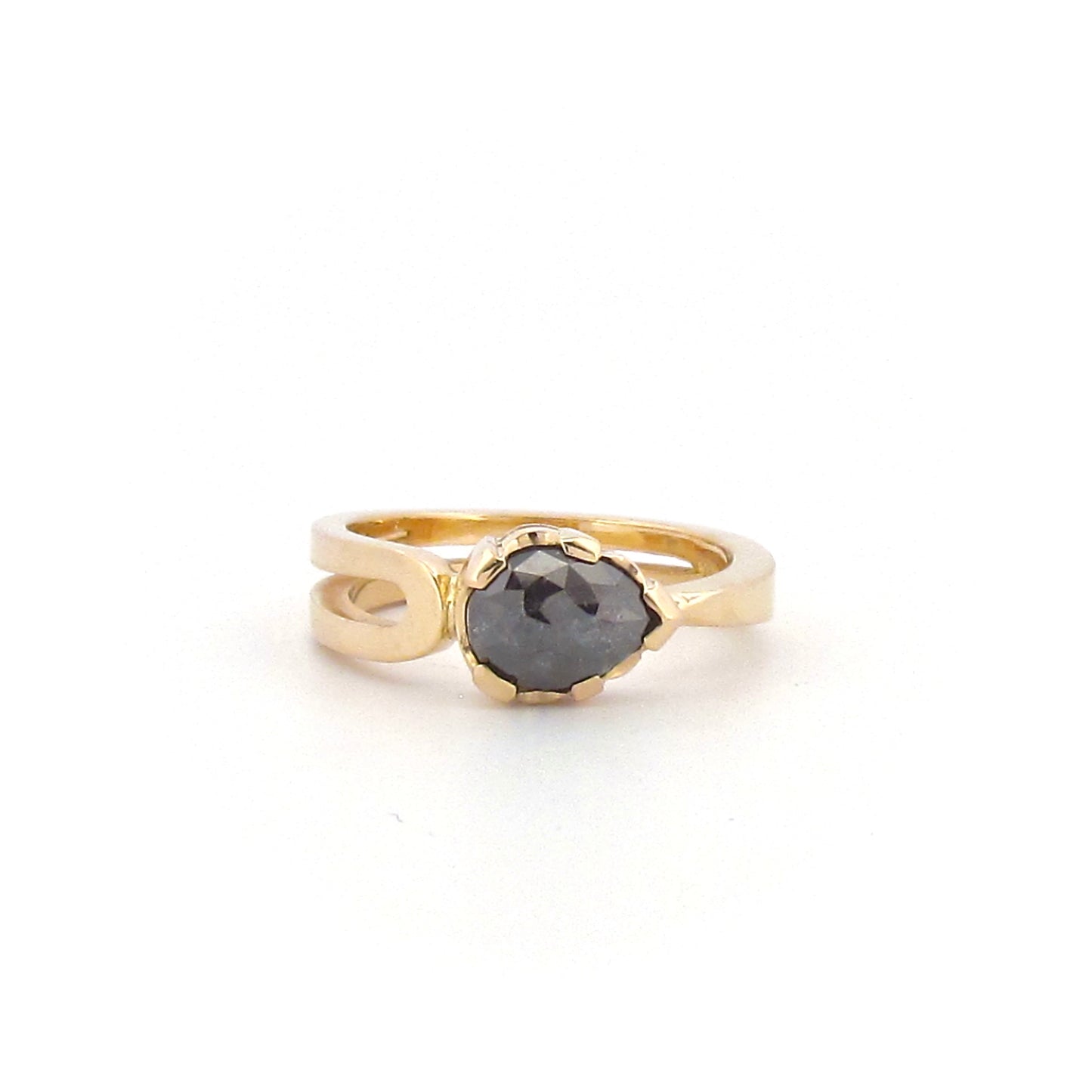Yellow Gold Pear  Rose cut Black Diamond Open Halo Ring