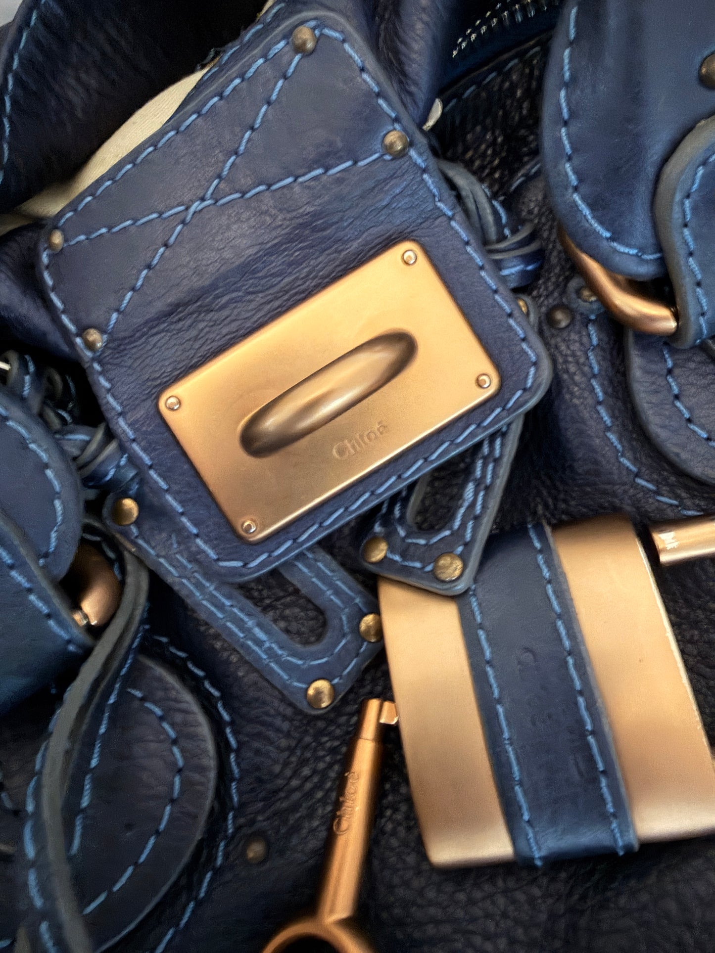 CHLOE Paddington Navy Blue Gold Satchel Y2K Bag Shoulder Phoebe Philo