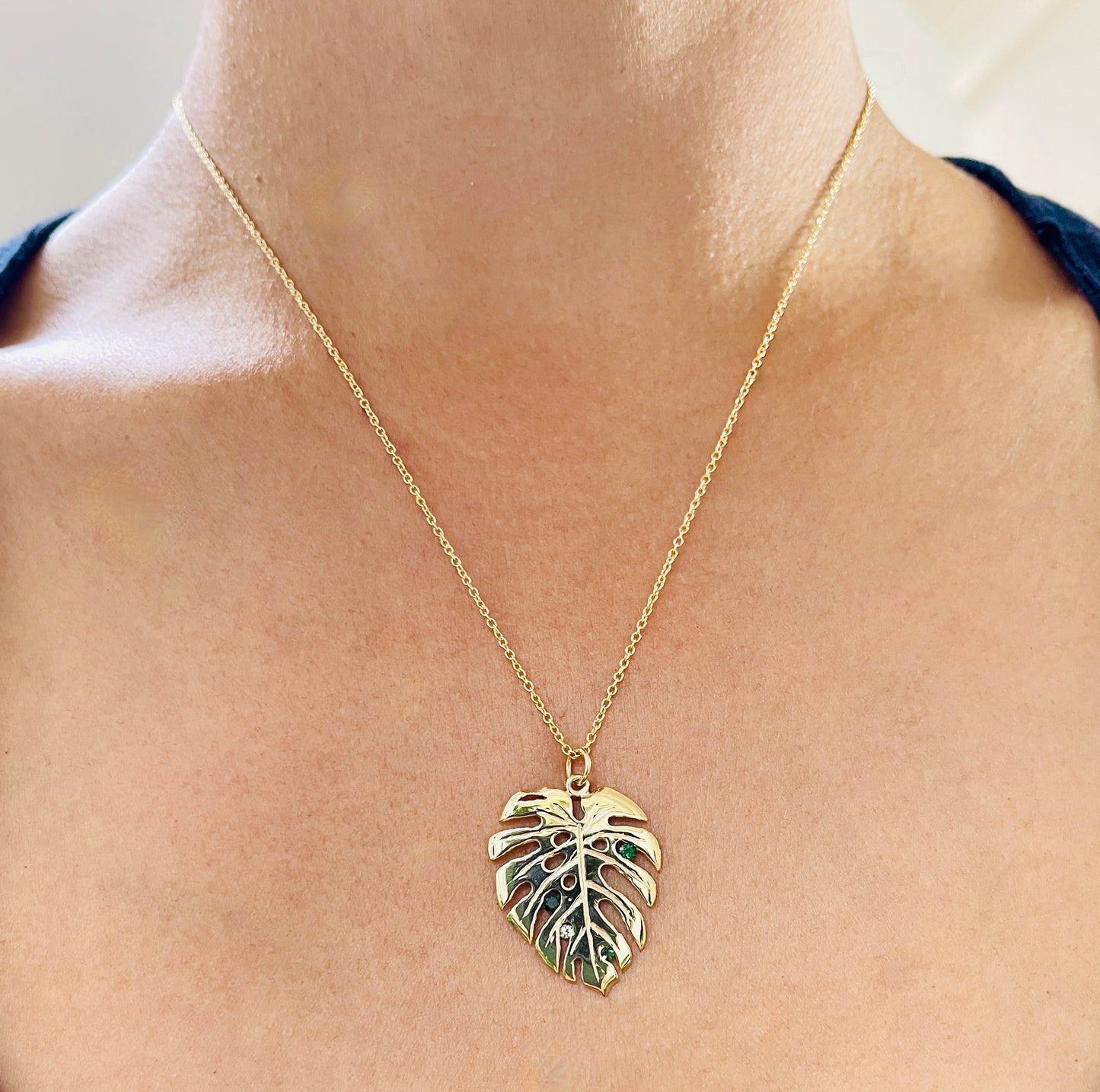 OOAK Yellow Gold Tourmaline Monstera Leaf Pendant