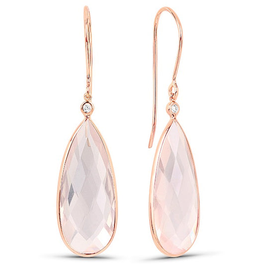 Rose Gold Diamond Rose Quartz Tear Briolette Drop Earrings