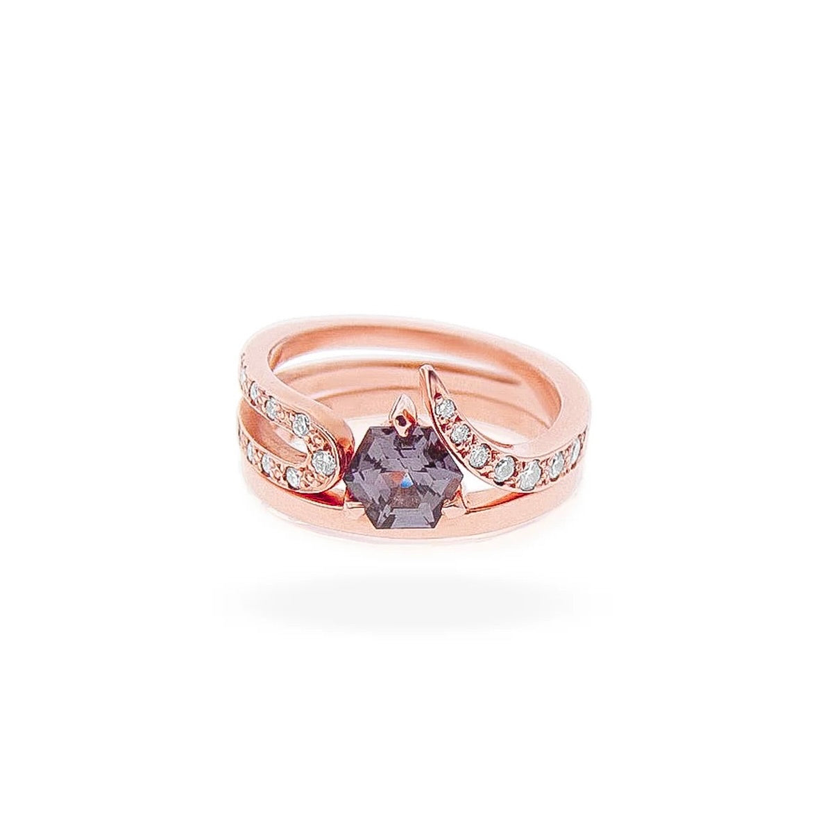 Rose Gold Grey Spinel Diamond Engagement Ring Set