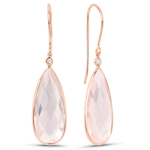Rose Gold Diamond Rose Quartz Tear Briolette Drop Earrings