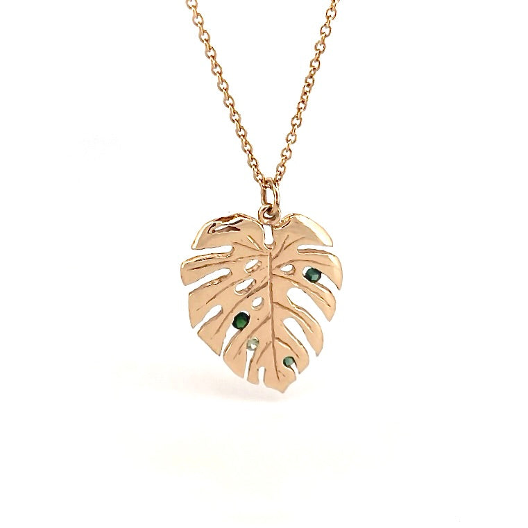 OOAK Yellow Gold Tourmaline Monstera Leaf Pendant